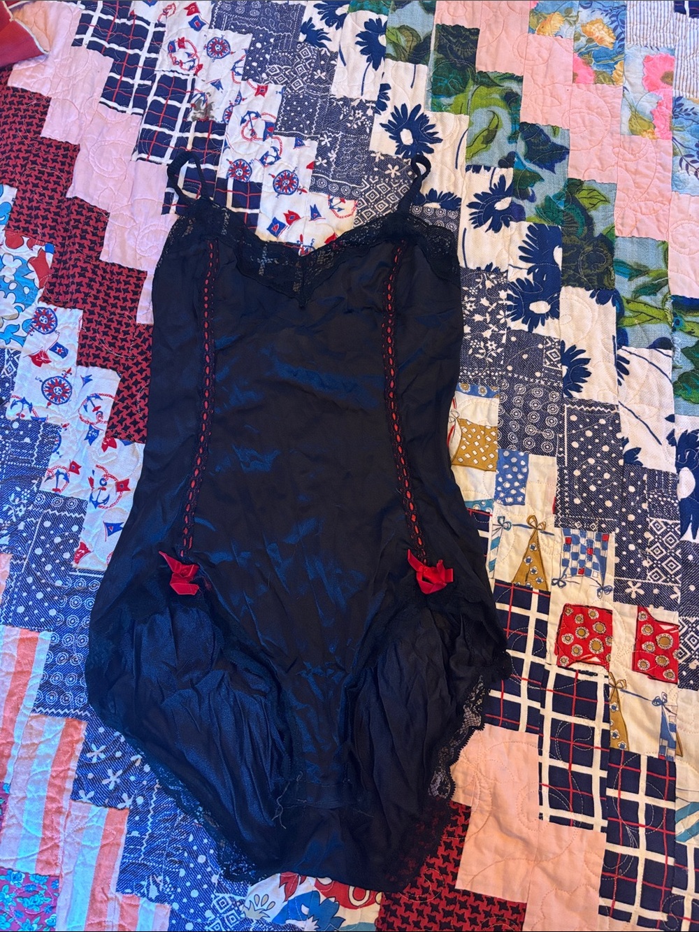 Vintage70’s  Lace-Trim Satin Bodysuit with Red Accent Bows.